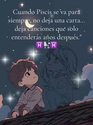 The image shows a dreamy, illustrated scene under a starry night sky. Two cartoonish figures, a boy and a ghostly girl, are seated on a rooftop. Text overlays convey a message about the Pisces zodiac sign. The color palette is soft and cool, with blue and purple hues dominating, augmented by yellow stars and a crescent moon. The overall composition evokes a mood of reflection and sentimentalism.