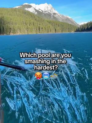 A wide shot of a frozen lake with a mountain range in the background. The top is slightly obscured by fog, and the foreground is dominated by jagged pieces of ice on the surface of the water. Text overlayed in a white box asks a question and features animated emoji.