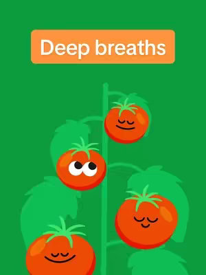 An illustration with a green background. There are four cartoon tomatoes sprouting from a stem. The tomatoes have various facial expressions. The top-left tomato is smiling with its eyes closed and a curved mouth. Below it, another tomato has wide open eyes. The other two tomatoes are smiling and have closed eyes. Above the illustration is an orange rectangle with white text that says, "Deep breaths".