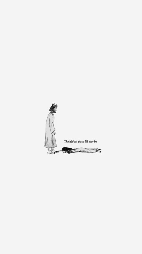A minimalist black and white illustration. The image is set against a stark white background. In the foreground, a figure is lying flat, presumably on the ground, with their head facing right. Standing over this figure is another person dressed like Jesus, wearing a crown. The composition is simple, with the figures centered and taking up a small portion of the frame. The text lies under the two figures.