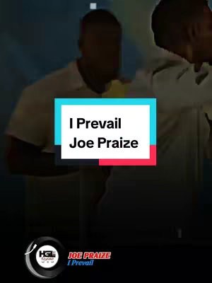 The image is a vertical frame featuring two men, seemingly mid-performance or perhaps captured from a live event. They are silhouetted against a backdrop with lighting effects, the focus and visual interest directed toward the central text overlaid in a white rectangle. The text is in a contrasting color palette with the phrase 'I Prevail' along with artist 'Joe Praize'. The background is blurred, suggesting a stage or setting that highlights the featured text element.
