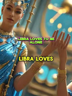 A computer-generated image features a woman dressed in a blue costume and headpiece set against a blurred, ornate background. Text overlays highlight 'Libra', with phrases such as 'Libra Loves' and 'Libra Loves to be Alone'.