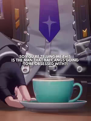 The image is a stylized vertical shot. A teal mug sits on a saucer, filled with steaming liquid, possibly coffee. Over the mug is overlaid text, a fragment of a sentence. Behind it are the blurred parts of the figure who is likely holding the mug, including a black sleeve, and a dark gray jacket. The background of light-colored fabric, a tie, and dark gray parts.