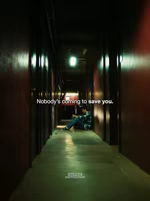 An image depicting a shadowy corridor with a person sitting on the floor. The scene is dimly lit with the only light source coming from a hanging light fixture and the end of the corridor. Text overlayed reads, "Nobody's coming to save you."