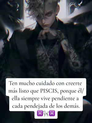 The cover image presents an artistic illustration of a person, likely male, with pale skin, dark hair styled in a messy, choppy manner, and striking eyes. The individual is dressed in a dark outfit against a blurred background. A text overlay features a quote about the zodiac sign Pisces.