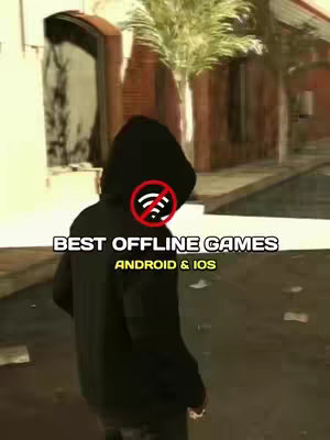 The cover image features a person from behind, wearing a black hoodie, walking along a street. A red circle with a white wifi symbol crossed out is overlaid near the head. Text at the bottom reads 'BEST OFFLINE GAMES' above 'ANDROID & IOS'. The background shows a street scene with buildings and trees.