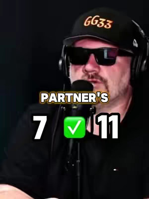 A man with a black cap with "GG33" on it, sunglasses, and a microphone is centered in the frame. Text overlays read "PARTNER'S", "7", a checkmark icon, and "11". The background is dark.
