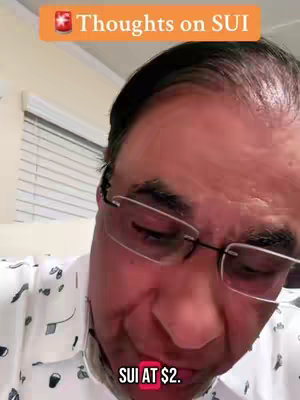 A medium shot features a man with glasses looking down and to the right, with text overlays indicating a discussion about SUI cryptocurrency. The man has short dark hair and is wearing eyeglasses. He appears to be in a well-lit indoor setting, with text overlays in orange and red.