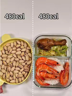 The image is split vertically. The left side shows a yellow plate filled with pistachios, and the right side shows a clear glass container with two compartments: the top with chicken and cabbage, and the bottom with rice and shrimp. Text overlays at the top of each side indicate the calorie count as '480cal'.