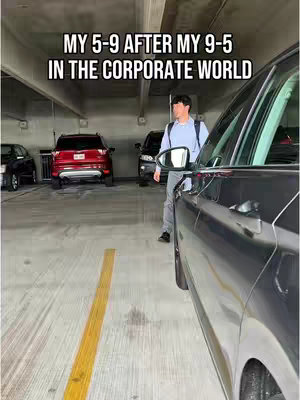 The image shows a man walking in an underground parking garage towards a car. Text overlayed on the image reads, 'MY 5-9 AFTER MY 9-5 IN THE CORPORATE WORLD'. The lighting is dim, and the color palette is neutral with concrete gray and the dark colors of the cars. A red SUV is parked in the background.