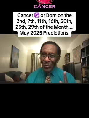 A man with glasses in a green shirt is seated in front of a blurred background with a painting. The cover image includes text overlay and graphics related to the cancer zodiac sign and predictions.