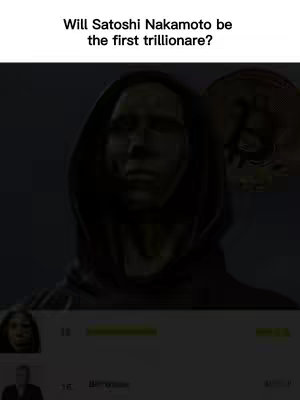 The cover image features a darker color profile with a statue of a person wearing a hood. Above the statue's head, text reads "Will Satoshi Nakamoto be the first trillionare?" A bitcoin logo is slightly visible behind the statue's head. Below the statue, information is shown, likely related to comments or user interactions.