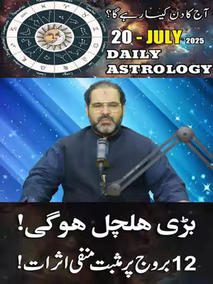 The cover image has a central character, a man with a beard, wearing glasses, and a dark shirt, positioned in front of a microphone and a broadcast setup. Above him, text in both English and Urdu announces the date, a title of 'Daily Astrology'  and some astrological symbols are visible. Below the main character is a colored banner with text in Urdu.