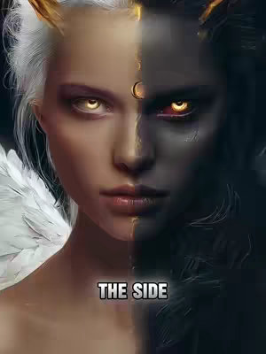 A digitally created image split vertically. One half of the face shows a woman with light skin, white hair, and light-colored eyes, and a white feather wing. The other half of the face has dark skin, black hair, and red eyes and a dark feather wing. The word 'THE SIDE' is overlaid in a black, bold font.