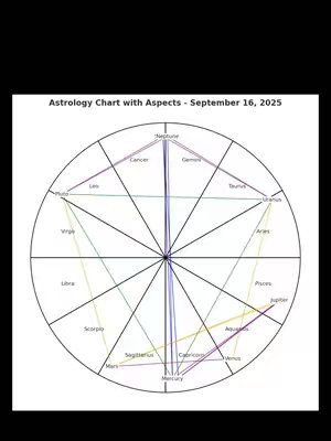 The image is an astrology chart with the text "Astrology Chart with Aspects - September 16, 2025." A circular chart is divided into segments representing astrological signs, with lines connecting the different points.