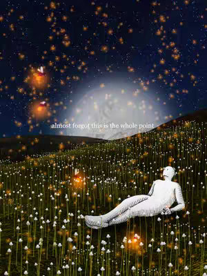 A digitally created image depicts a serene landscape under a starry sky. In the foreground, a figure resembling a statue lies amidst a field of white, glowing flowers. The background features a large, bright moon and scattered points of light suggesting stars or fireflies. The overall color palette is dark with highlights of white, orange and green, creating a dreamy atmosphere.
