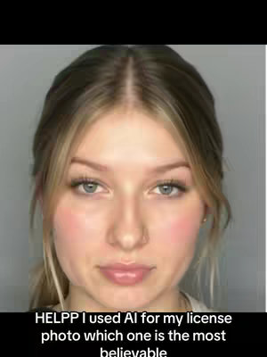 A close-up shot of a young woman with fair skin, light eyes, and blonde hair. The woman appears to be posing for a photo, with a neutral expression. The background is a blurred gray.
