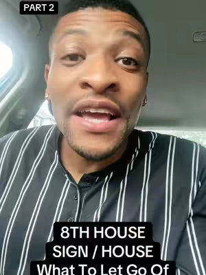 A medium shot features a Black man with a warm complexion looking directly at the camera, his mouth open as if speaking. Above him, in the top left corner, is the text 'PART 2'. Below, a black box contains white text that discusses astrological topics. The man is dressed in a black and white striped shirt, and the background subtly hints at the inside of a car.
