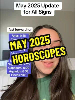 A selfie-style shot featuring a woman with long, dark hair looking at the camera. Text overlays include a title about horoscopes and a list of zodiac signs with timestamps. The image is brightly lit with a clean background.