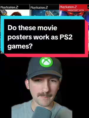 The cover image features a man in a gray hat with a green Xbox logo on it, centered in the frame. Above him, a black rectangular overlay contains the text 'Do these movie posters work as PS2 games?' in white. The background is a distorted grid with visible film posters.