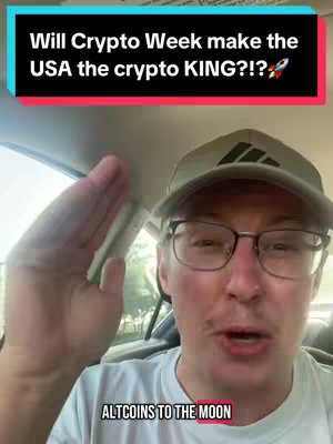 A selfie-style video. The creator is inside a car. Above him is a red bar with white text that says 'Will Crypto Week make the USA the crypto KING?!?' with a rocket emoji. The creator has a hat, glasses, and a white t-shirt and he is looking at the camera. Underneath him it says 'ALTCOINS TO THE MOON'.