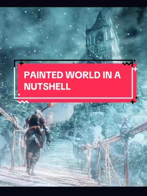 A picturesque cover image from the game Dark Souls 3, shows a snowy, fantasy landscape with a large castle in the distance. In the foreground, a character in dark armor and a hooded cloak walks away from the camera on a raised pathway. Text overlayed on a red bar states, 'PAINTED WORLD IN A NUTSHELL'. The overall composition is cinematic and evokes a sense of adventure and mystery.