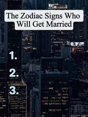 The image shows a nighttime cityscape with numerous tall buildings illuminated against the dark sky. In the foreground, three large numbers (1, 2, 3) are laid out vertically on the left side of the frame. A white rectangular banner contains the text 'The Zodiac Signs Who Will Get Married' in a bold, sans-serif font. The overall composition has a cool, modern aesthetic.