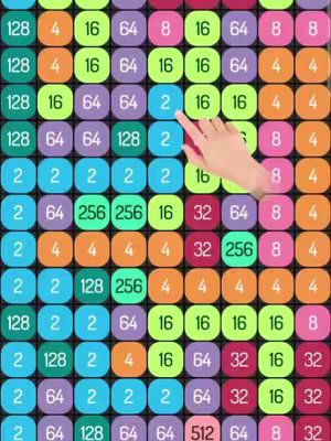 The image shows a colorful grid-based puzzle game. Each square within the grid contains a number, and the hand of a person is interacting, touching an area with a number.