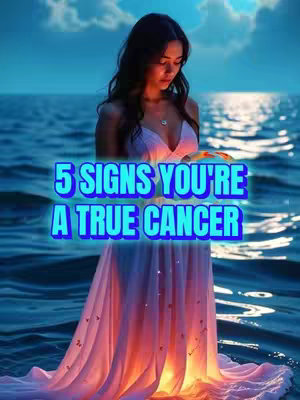 A woman in a flowing pink dress stands in water, holding a glowing orb. Text overlayed says "5 SIGNS YOU'RE A TRUE CANCER".