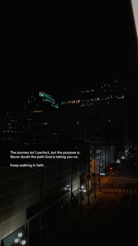 A nighttime cityscape photo with buildings and street lights. Text overlayed with an inspirational quote.