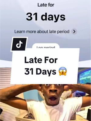 A selfie-style image featuring a young man looking at the camera with a shocked expression. A screen capture of a Flo App interface is partially visible in the top section, with text indicating a period is "Late For 31 days". The man has his hands near his head, and his eyes are wide with surprise.