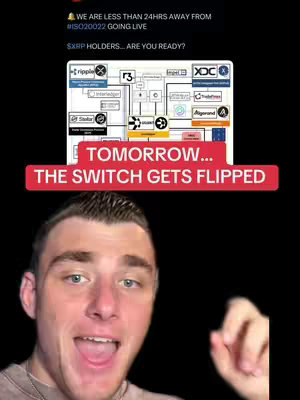 A selfie style image with a man in the foreground smiling at the camera. Overlaid on the background is another image of a diagram of the xrp ecosystem with different logos surrounding it with the text overlay that says "tomorrow.. the switch gets flipped" in a pink banner. The overall composition is meant to be a promotional image.