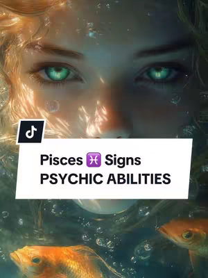 The image features a close-up of a person's face underwater. The eyes, a striking shade of green, are the focal point. Above the eyes, faint light streams through the water, creating a hazy effect. The background shows hints of underwater life, including bubbles and what appear to be small, golden fish. A banner with the text 'Pisces Signs PSYCHIC ABILITIES' hovers at the center.