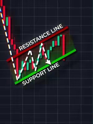 An image with a dark background, overlaid with a grid pattern, featuring a candlestick chart. The chart displays green and red bars representing price fluctuations. A white dashed line indicates a possible price pattern. Text overlays reads 'RESISTANCE LINE' and 'SUPPORT LINE' in white, labeling key aspects of the chart.