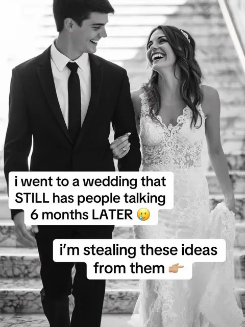 A black and white image of a wedding couple walking down a set of stairs. The bride is wearing a white lace dress. The groom is wearing a black suit and tie. Text overlays describe going to the wedding and stealing the ideas.
