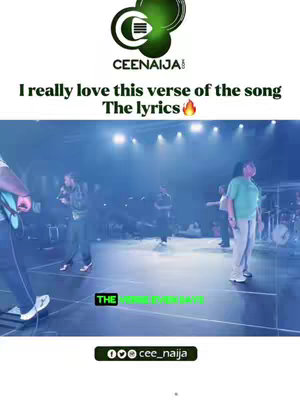 The image features a live performance with a band on stage under bright lighting. The foreground includes a person playing a guitar, while in the background, several figures are visible, some singing and others playing instruments. Text overlays are positioned at the top and bottom, with the main text saying 'I really love this verse of the song' and 'The lyrics'. The color scheme is dominated by blue and white with green accents.