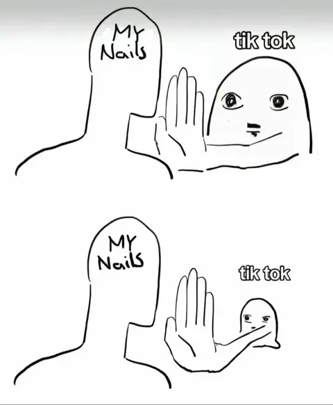 A two-panel cartoon-style image. The top panel shows a stick figure with a head labeled 'My Nails' facing left. A cartoon ghost character with a face is approaching and high-fiving them. The bottom panel repeats the same image but also shows the ghost character extending its own arm to high-five the stick figure.