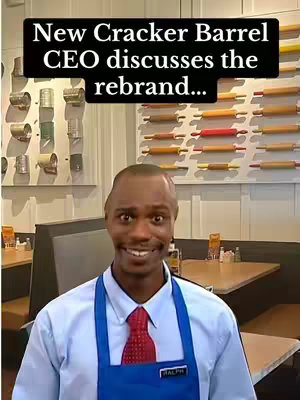 The image shows a person dressed in a Cracker Barrel uniform, standing in a restaurant setting. A superimposed text box reads: "New Cracker Barrel CEO discusses the rebrand..." The person's face appears to be altered, with exaggerated features, and expressions of disbelief.