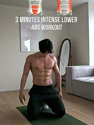 A well-lit image features a muscular man kneeling on a green exercise mat, showcasing his abs. Above him, two diagrams of abdominal muscles are displayed. Text overlay reads, '3 MINUTES INTENSE LOWER ABS WORKOUT'.