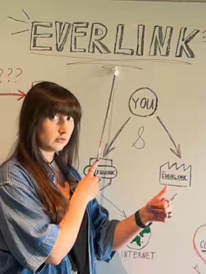 A woman with dark hair and bangs stands in front of a whiteboard with a diagram. She is wearing a denim jacket and is pointing at the diagram with one hand and giving a thumbs up with the other. The diagram includes the word "EVERLINK" at the top, arrows, and the words "(YOU)", "SURFSHARK", and "INTERNET".