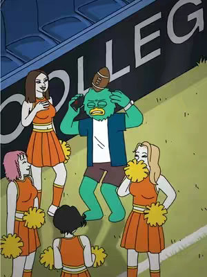 An animated cartoon image depicting a green, somewhat distraught creature wearing a white shirt, blue jacket, and brown shorts, with a football balanced on its head. Several animated cheerleaders with orange and white outfits, pompoms, and hairstyles flank the creature. In the background, a sign reads “COLLEG” above empty stadium seats. The color palette is vibrant, utilizing bright oranges, greens, and blues for an energetic and playful vibe.