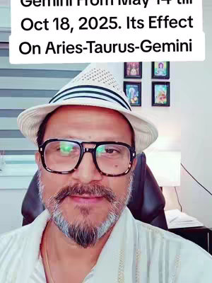 A man with glasses and a hat looks at the camera; text saying the video will be about the effects of jupiter transit in gemini on aries, taurus, and gemini