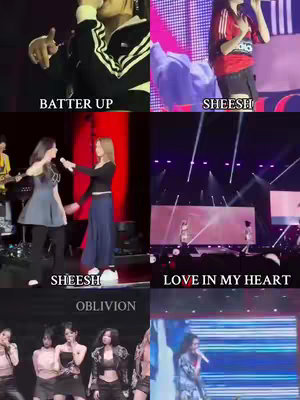 The image is a collage of six scenes from a performance, featuring several women on stage. Each scene is labeled with text overlays such as 'BATTER UP', 'SHEESH', and 'LOVE IN MY HEART', indicating song titles or key moments. The scenes include close-ups of performers and action shots of the band and other performers, all on a stage with stage lighting setups.