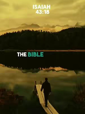 A serene image showing a person walking on a wooden pier towards the center, with a calm lake reflecting a sunset sky; the text overlays the image with the bible verse and reference.