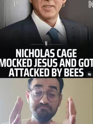 The cover image is split into two sections. The top section features a photo of Nicolas Cage in a suit. Below this image is a large text overlay. The bottom section shows a man with glasses looking at the camera with his hands raised.