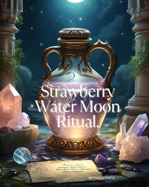The image is a digital illustration featuring a mystical ritual scene. In the center is a ornate golden vessel. The background shows a starry night sky with a full moon. Various crystals and other esoteric items are arranged around the vessel. "Strawberry Water Moon Ritual" is written in stylized white text across the image.
