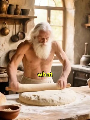 An image depicts a man with long white hair and beard, shirtless, in a kitchen setting. He appears to be rolling out dough on a wooden table with a rolling pin. Behind him, there are kitchen shelves with various pots and pans.