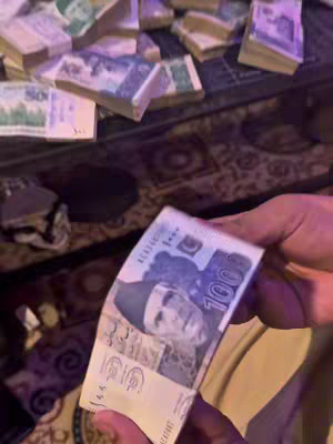 The cover image shows a person's hand holding a Pakistani 100 rupee bill. In the background, stacks of banknotes are visible, suggesting wealth and financial success. The image is well-lit, with the money being the main focus. The color palette includes shades of green, purple, and brown.