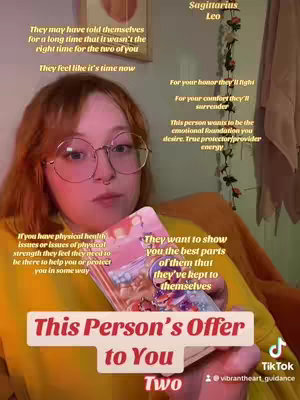 A woman with red hair and glasses holds a tarot card. Text overlays with information about the reading, astrology, and TikTok branding.