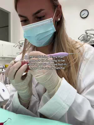 A woman wearing a surgical mask and gloves holds a dental instrument in a dental setting. Text overlay describes her future plans.